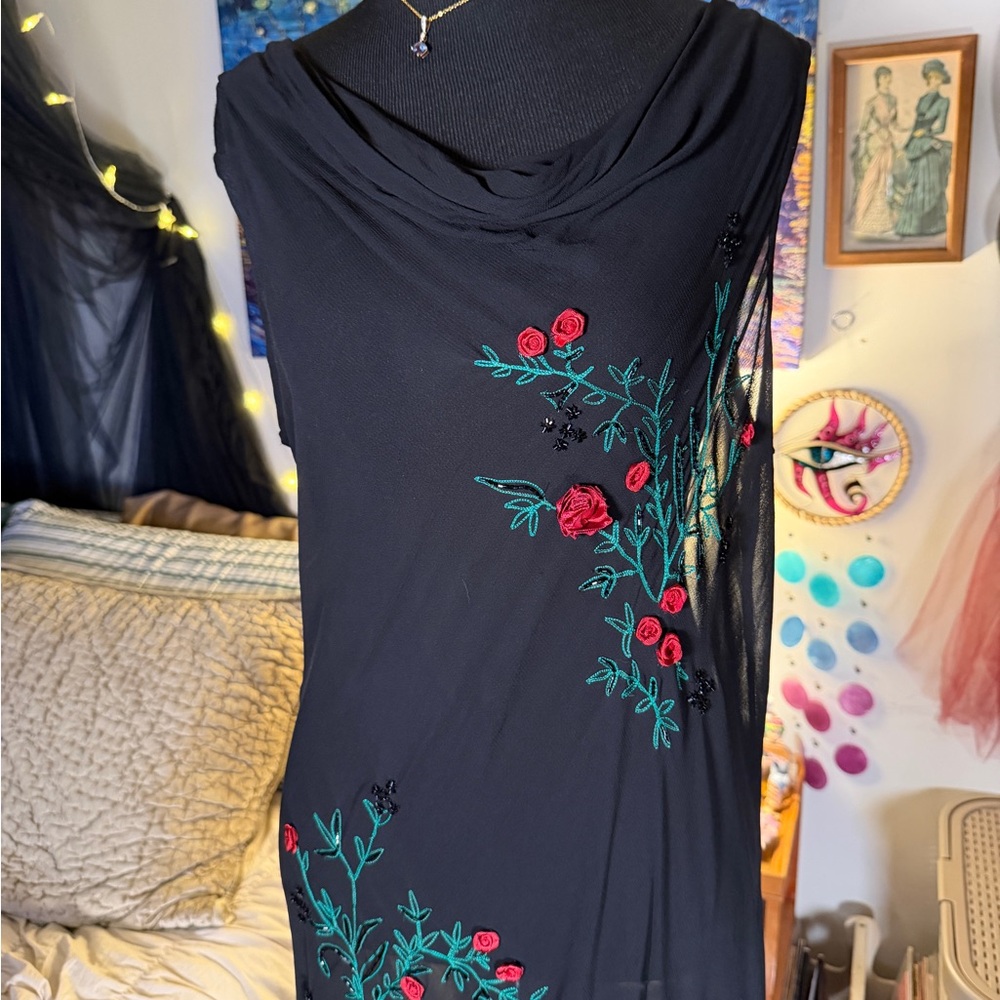 Vintage 90s Sheer Beaded Rose Maxi Large